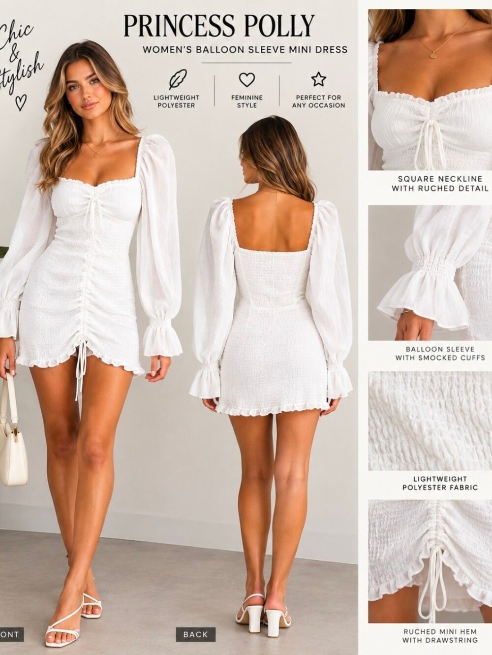 Princess Polly Women's White Balloon Sleeve Ruched White Balee Mini Dress Size 8